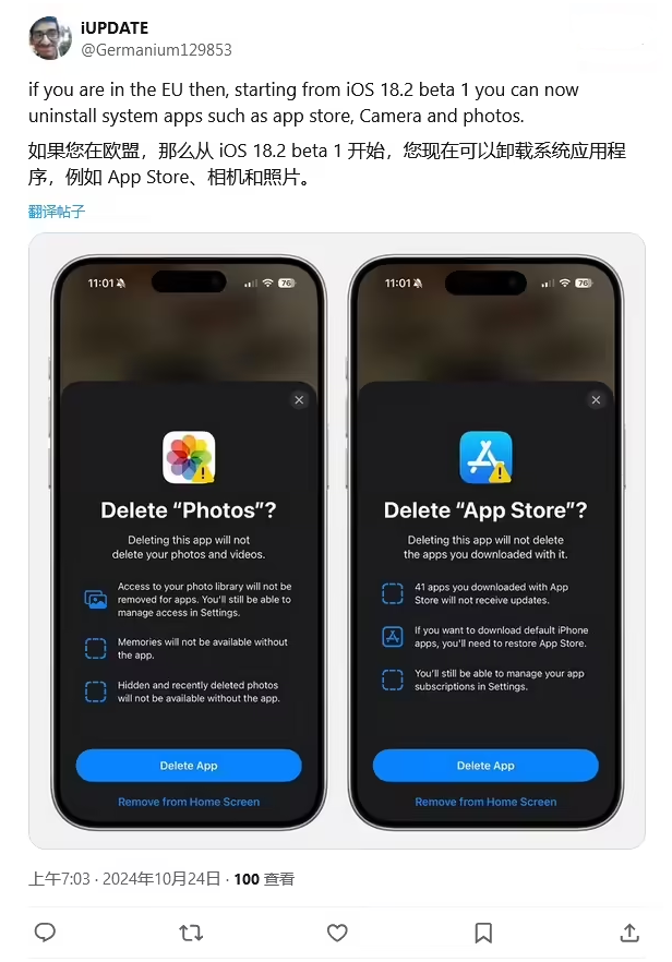 集贤苹果手机维修分享iOS 18.2 支持删除 App Store 应用商店 