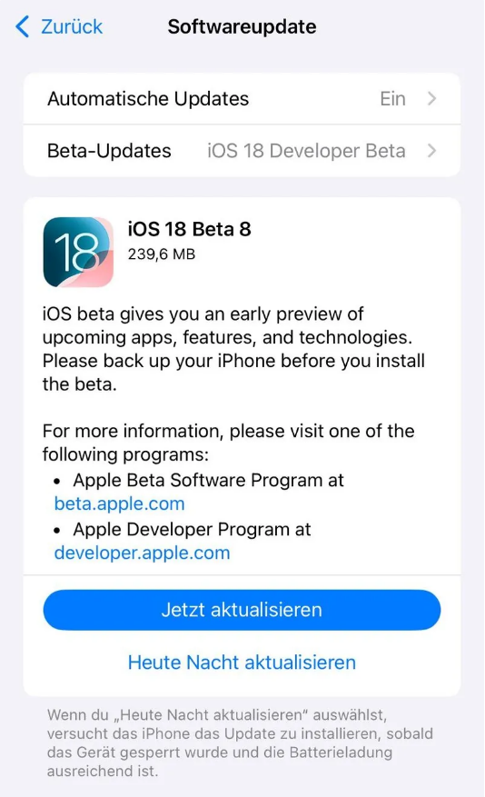 集贤苹果手机维修分享苹果 iOS / iPadOS 18 开发者预览版 Beta 8 发布 